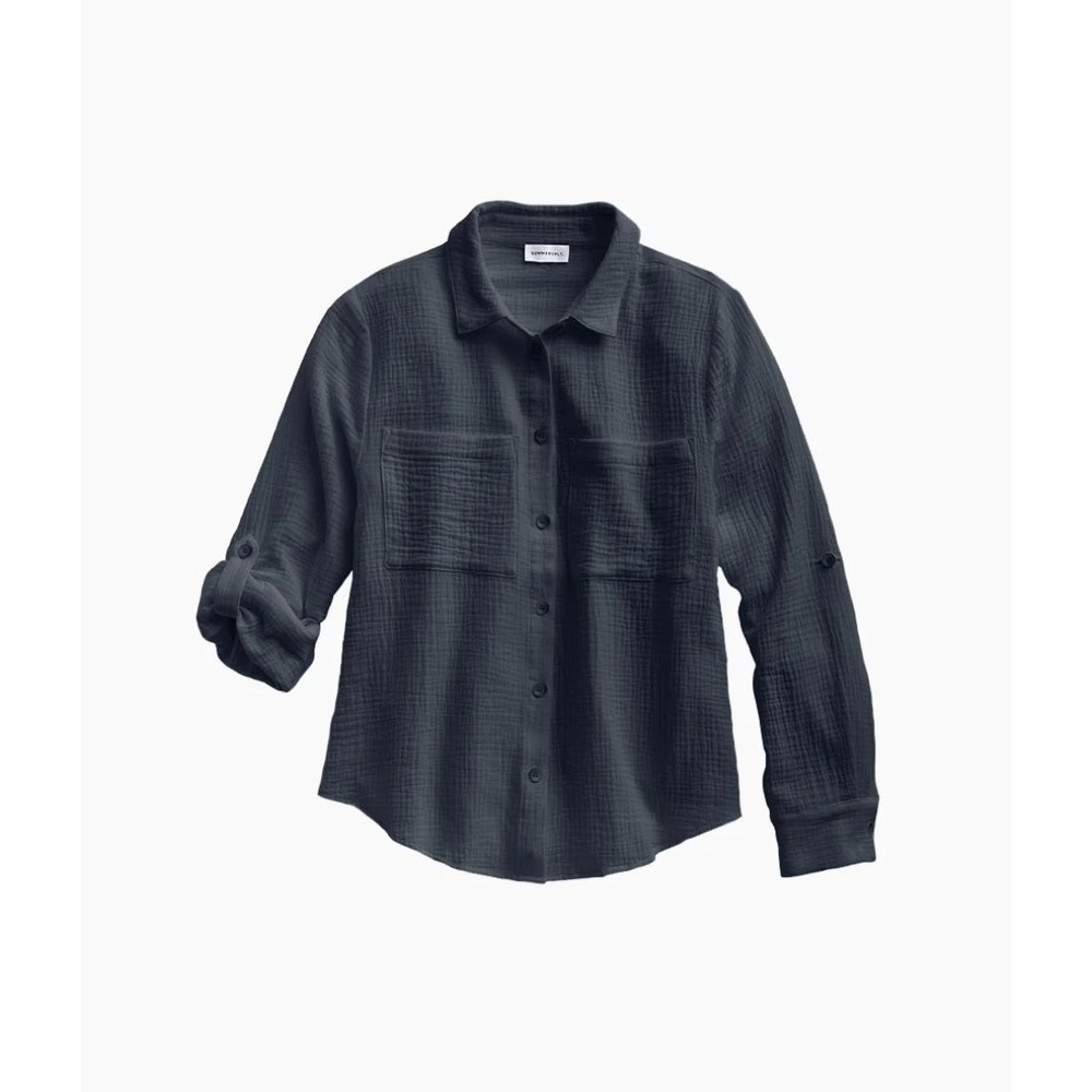 Summersalt Going Places Gauze Button Down Camp Shirt Organic Cotton Blue XS